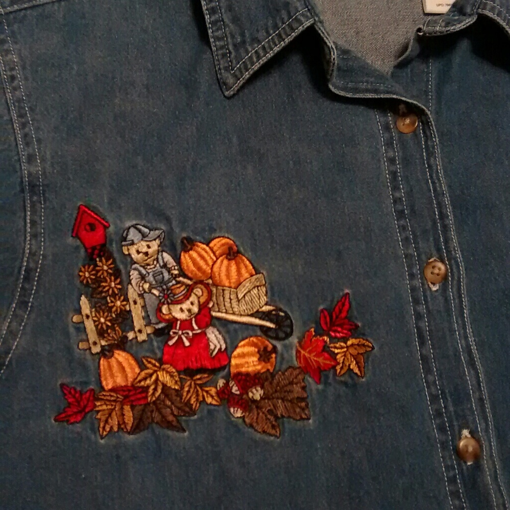 Bobbie Brooks Blue Denim Button Down Shirt with Embroidered Fall Design
